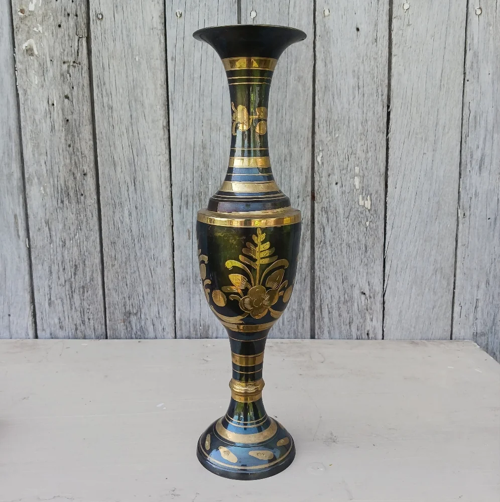 Etched Brass Vace Vintage‎ Hand Made Floral Engraved Boho Gold Made In India
